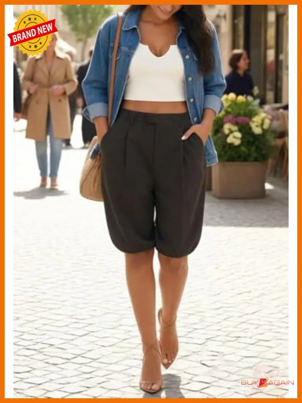 Bermuda Shorts for Women Baggy Knee Length Elastic Waist High Waisted Wide Leg